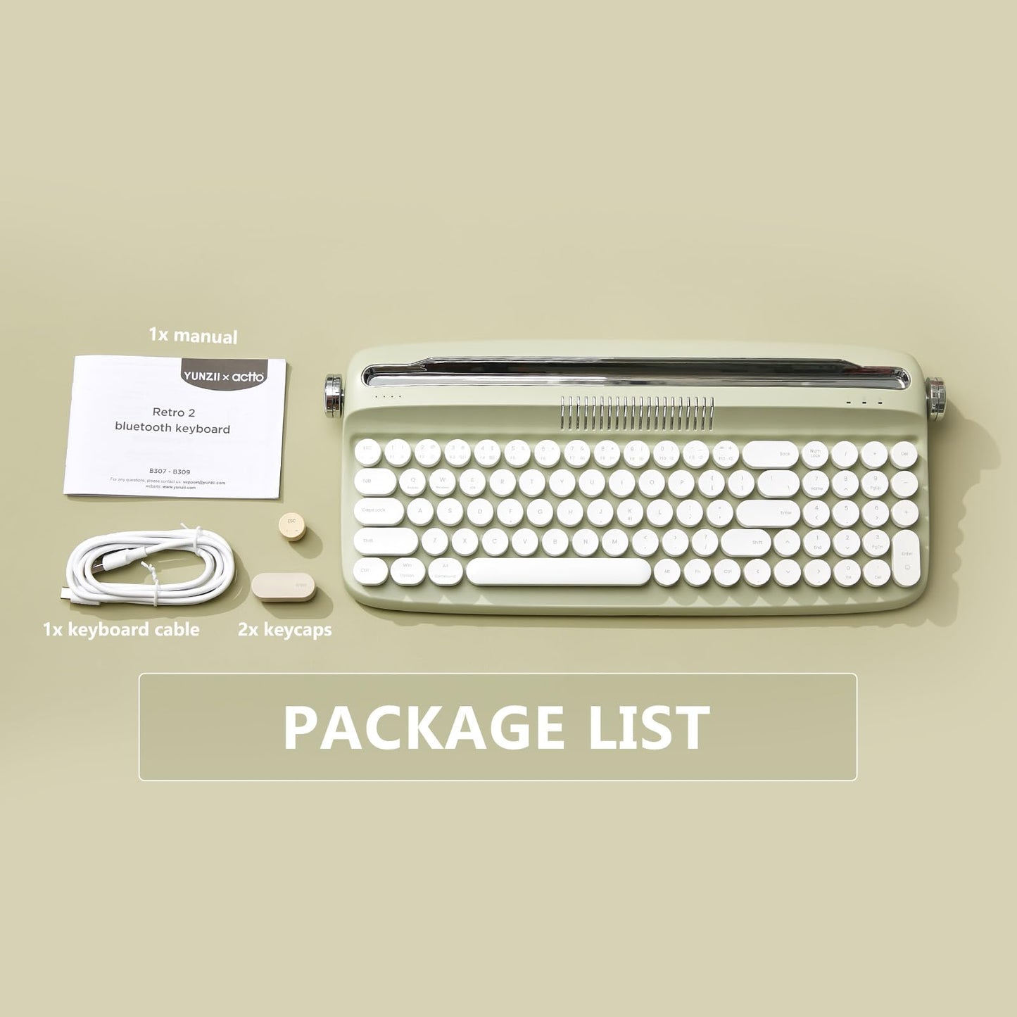 YUNZII Upgraded Wireless Keyboard, Retro Typewriter Style with Integrated Stand, USB-C/Bluetooth with Cute Round Keycaps for Multi Device for Win/Mac (B309, Sweet Mint)