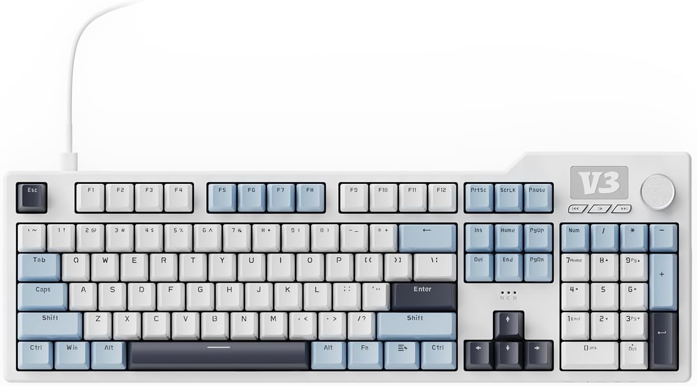 AJAZZ AK35I V3 104-Key Full Size Wired Gasket Mount Gaming Keyboard with Multimedia Buttons & Knob Control | Five Layer Pad | OEM Profile PBT Keycaps | White Backlit Custom Keyboard