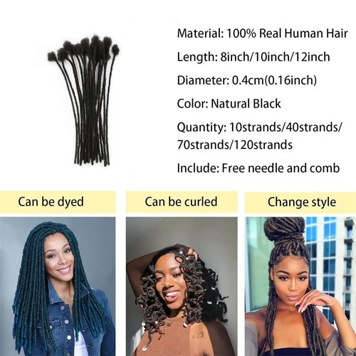 Dreads Extensions for Men Women Loc Extensions Human Hair Dreadlock Extensions 0.4 cm 14 Inch 30 Strands Handmade Permanent Locs Extension Natural Black Soft Locs Hair Extensions Can be Dyed Bleached