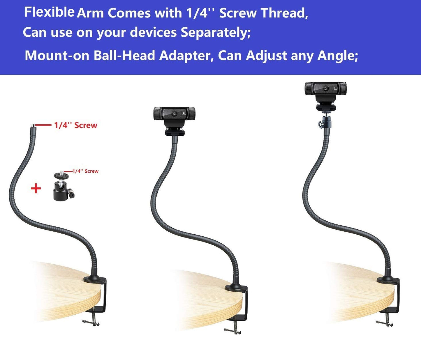 25 inch Flexible Jaw Arm Clamp Mount Holder Stand Compatible with Logitech Webcam C920s C925e C922 C930 C615 Brio StreamCam