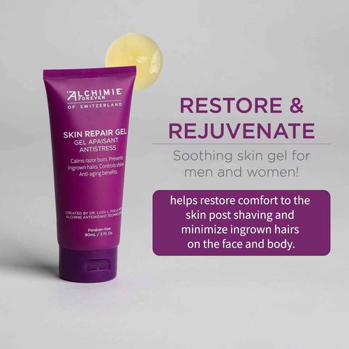 Alchimie Forever Skin Repair Gel | Oil Free Gel for Post Shave Care of the Face and Body with Rosemary and Turmeric | Soothing, Restorative, Anti-Aging Benefits | Reduces Ingrown Hairs | 3 fl oz