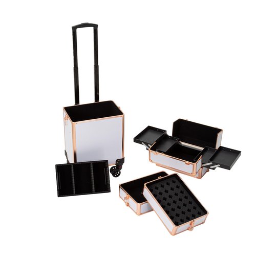 Channcase 4 in 1 Portable Traveling Aluminum Professional Makeup Trolley Cart with Multiple-Sized Compartments and Wheels (Gold with White)