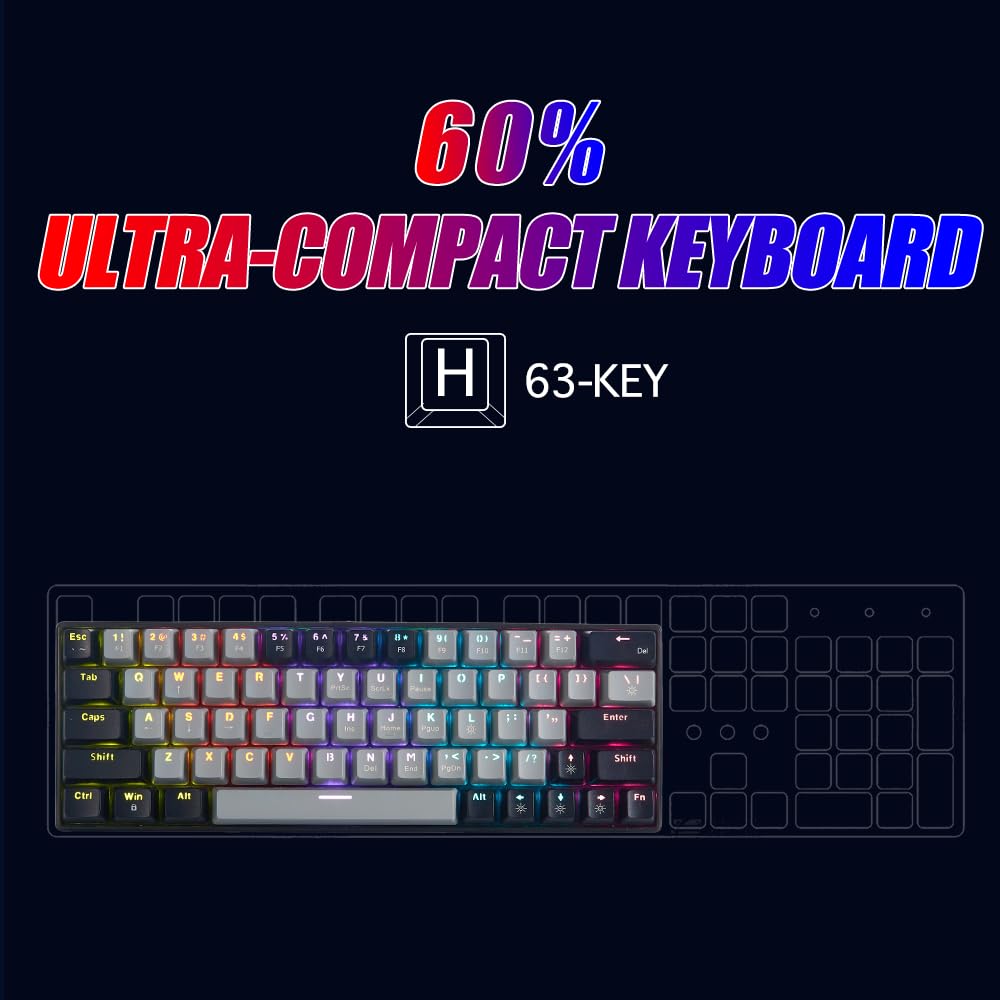 abucow Mechanical Keyboard Wired 60% Gaming Keyboard with Colorful Backlit Custom 63 Swappable keycaps (Gray-Black)