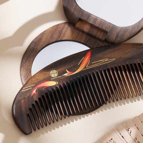 Tan Mujiang Premium Wooden Comb, Anti-Static, Natural Wood, Happy Bloom Set 1