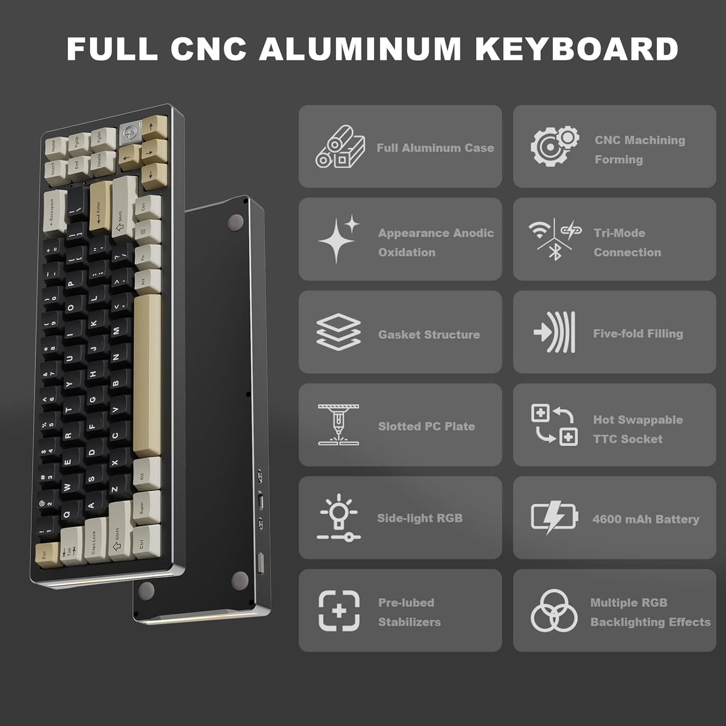YUNZII AL71 68% Mechanical Keyboard (Black, Crystal White Switch) and Full Keycap Set (Coffee Cat) Bundle