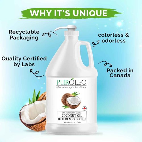 PUROLEO Fractionated Coconut Oil 128 Fl Oz/3784 ML (Packed In Canada) 100% Natural and odorless Moisturizer & Carrier Oil l Hair Skin Body, Aromatherapy, Massage, Makeup Remover