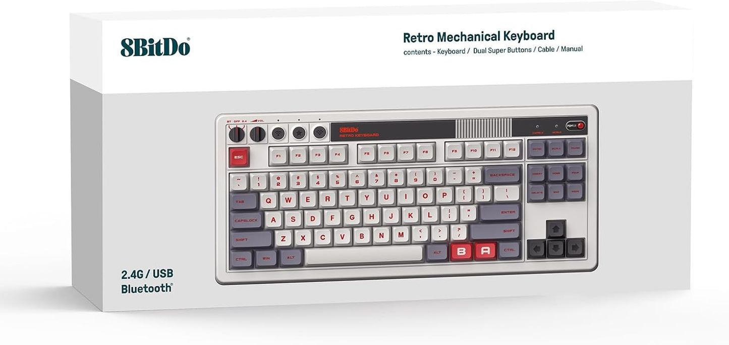8BitDo Retro Mechanical Keyboard, Bluetooth/2.4G/USB-C Hot Swappable Gaming Keyboard with 87 Keys, Dual Super Programmable Buttons for Windows and Android - Fami Edition