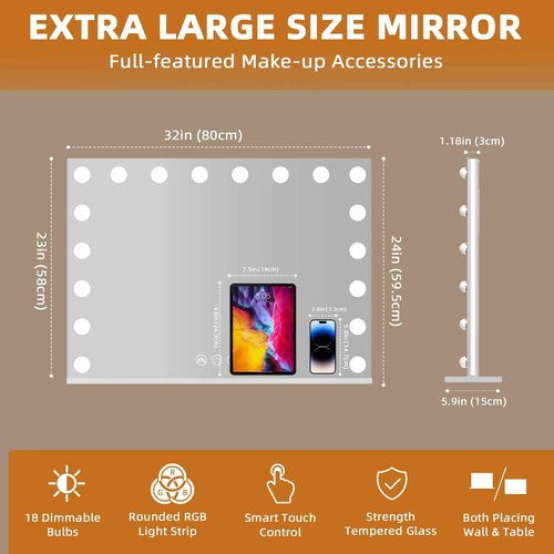 Misavanity Vanity Mirror with RGB Backlight 32’’x23’’ LED Makeup Mirror with 18 Dimmble 3 Color Modes Bulbs Light up Mirror with 10X Magnification and Smart Touch, White