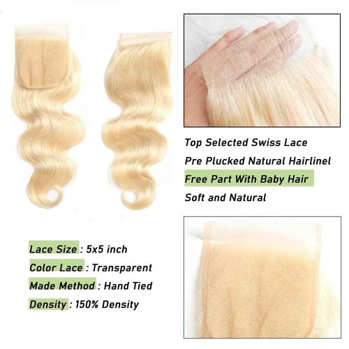 Blonde 5x5 Hd Lace Closure Brazilian Virgin Human Hair Body Wave Invisible Transparent Lace Pre plucked with baby hair Natural Hairline Free part 150 density 16 Inch