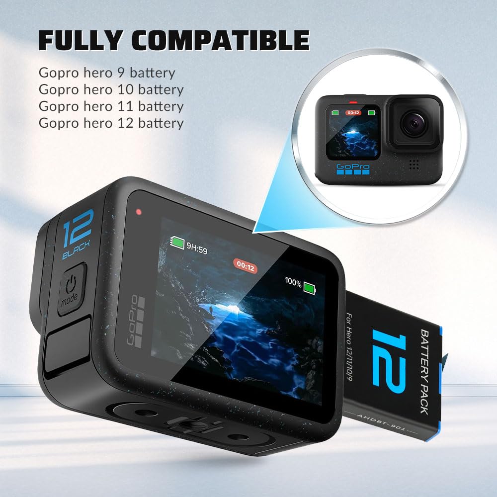 2-Pack 1800mAh Batteries for GoPro Hero 12 11 10 9, with USB Fast Charger and Protection Case, Perfectly Compatible with GoPro Hero 12 11 10 9 Black
