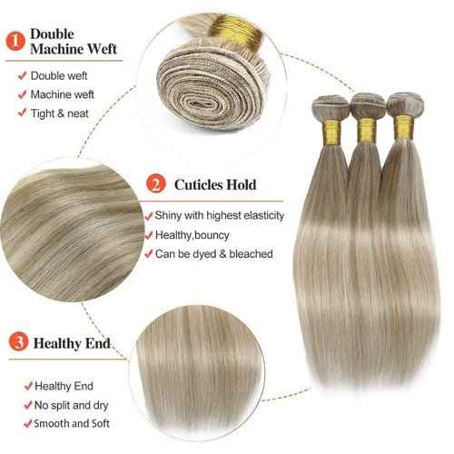 Dokksiiia Ombre Human Hair Bundles P27613 Highlight Honey Blonde and Blonde Mix Straight Weave Bundles Double Weft Brazilian Human Hair Sew-In Extensions Soft & Thick for Women 22 24 26 Inch