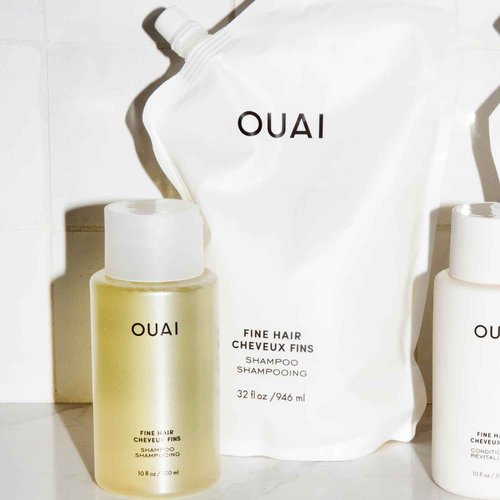 OUAI Fine Shampoo + Refill Bundle - Volumizing Shampoo with Keratin, Biotin & Chia Seed Oil for Fine Hair - Delivers Clean, Weightless Body - Sulfate Free Hair Care (2 Count, 10 Oz/32 Oz)