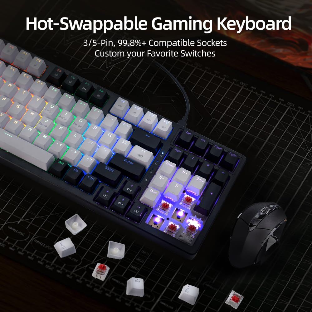 ANGELOYANG Mechanical Gaming Keyboard, Full Key Percent Compact Wired RGB Backlit Light Up, Red Switches Hot Swappable USB C Creamy Sounding Silent Black Mechanical Keyboard for PC MAC
