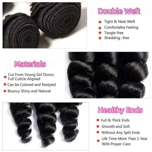 Ladiaryf Loose Wave Hair Bundles Thick Brazilian Virgin Human Hair Loose Wave Bundles for Women Natural Black Color Can Be Dyed and Styled Total 300g 16 18 20 Inch