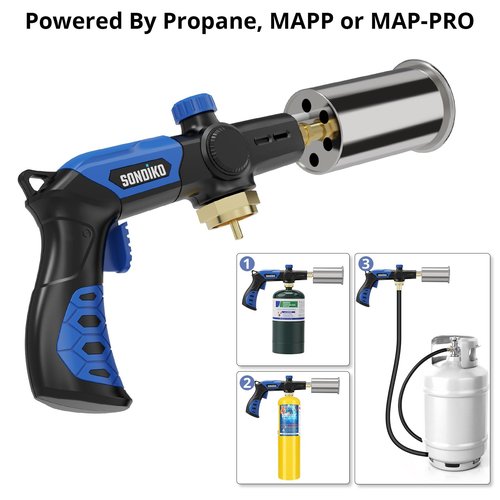 Sondiko Powerful Grill & Cooking Propane Torch L8010, Sous Vide, Campfire Starter, Adjustable Wood Torch Burner for Searing Steak, BBQ, Welding(Blue & Black) Propane Tank Not Included