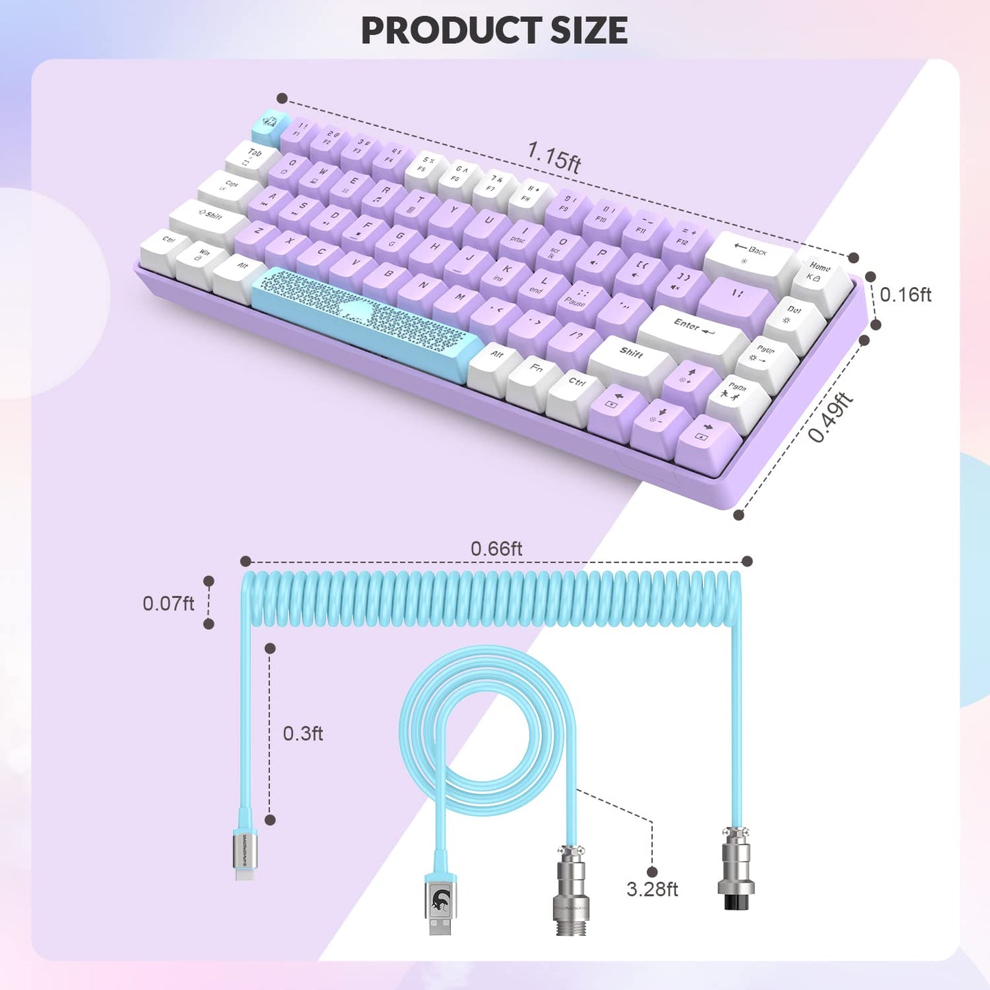 ZIYOU LANG RK-T8 Wired 65% Mechanical Gaming Keyboard with RGB LED Backlit Anti-ghosting TKL Mini 68 Key Custom Coiled C to A Cable Tactile Blue Switch for PS4 PS5 Xbox PC Mac Gamer(Lavender)