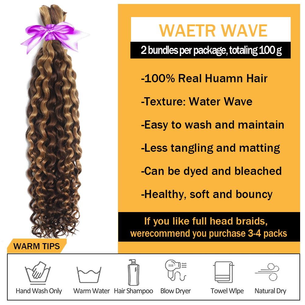 Human Braiding Hair for Boho Knotless Braids Bulk Curly Bundles Human Hair for Micro Braiding Wet and Wavy Water Wave No Weft Human Hair Extension for Box Boho Braids 100g with 2 Bundles 4/27#