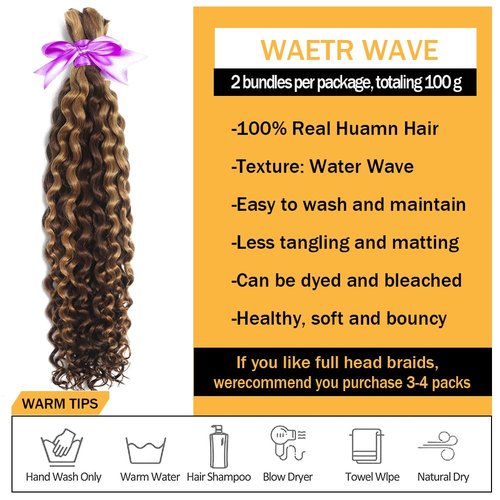 Human Braiding Hair for Boho Knotless Braids Bulk Curly Bundles Human Hair for Micro Braiding Wet and Wavy Water Wave No Weft Human Hair Extension for Box Boho Braids 100g with 2 Bundles 4/27#
