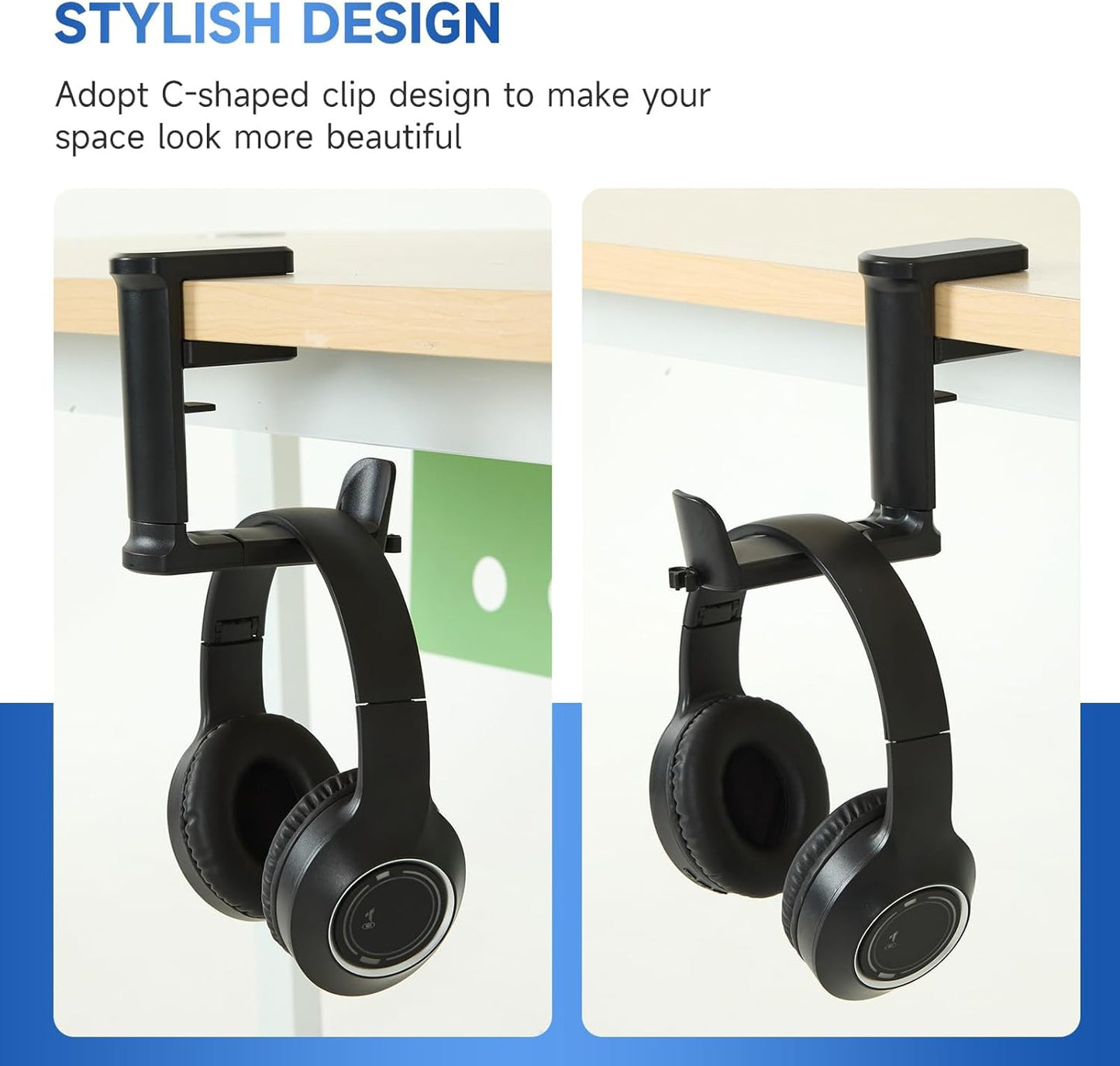 Adjustable Clamp-on Under Desk Hanger, PC Gaming Headset Holder- 360 Degree Swivel Rotating Headphone Stand & Cable Clip Organizer (Black)