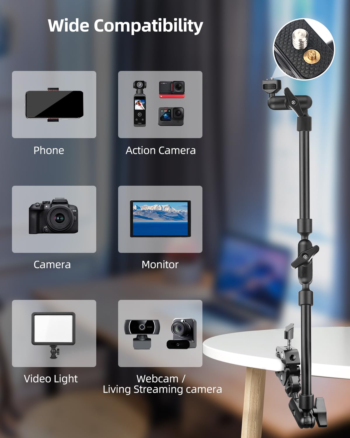 22" Magic Arm w Clamp, Overhead Phone Mount, Flexible Desk Camera Mount, Articulating Friction Boom Arm w Thread Adapter, for POV Shot, Light, Webcam, Mic, Action Camera, for Content Creators
