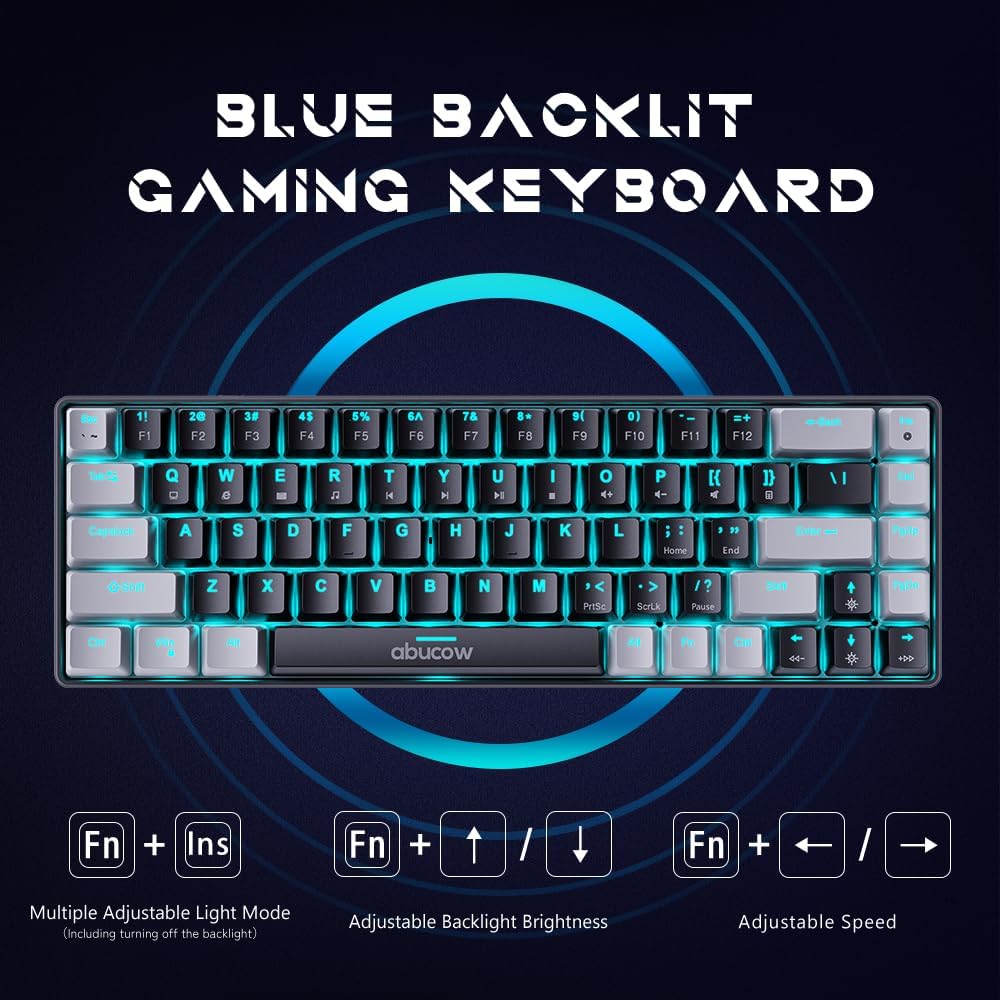 abucow 60% Mechanical Keyboard with Blue Backlight 68-Key Gaming Keyboard Gray-Black Keycaps - Red Switches for a Premium Typing and Gaming Experience PC Mac (Gray-Black)