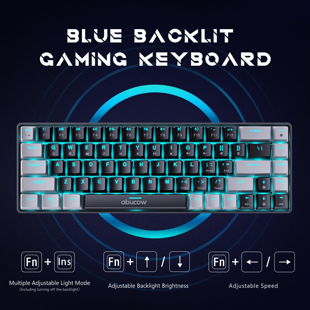 abucow 60% Mechanical Keyboard with Blue Backlight 68-Key Gaming Keyboard Black-Gray Keycaps - Red Switches for a Premium Typing and Gaming Experience PC Mac
