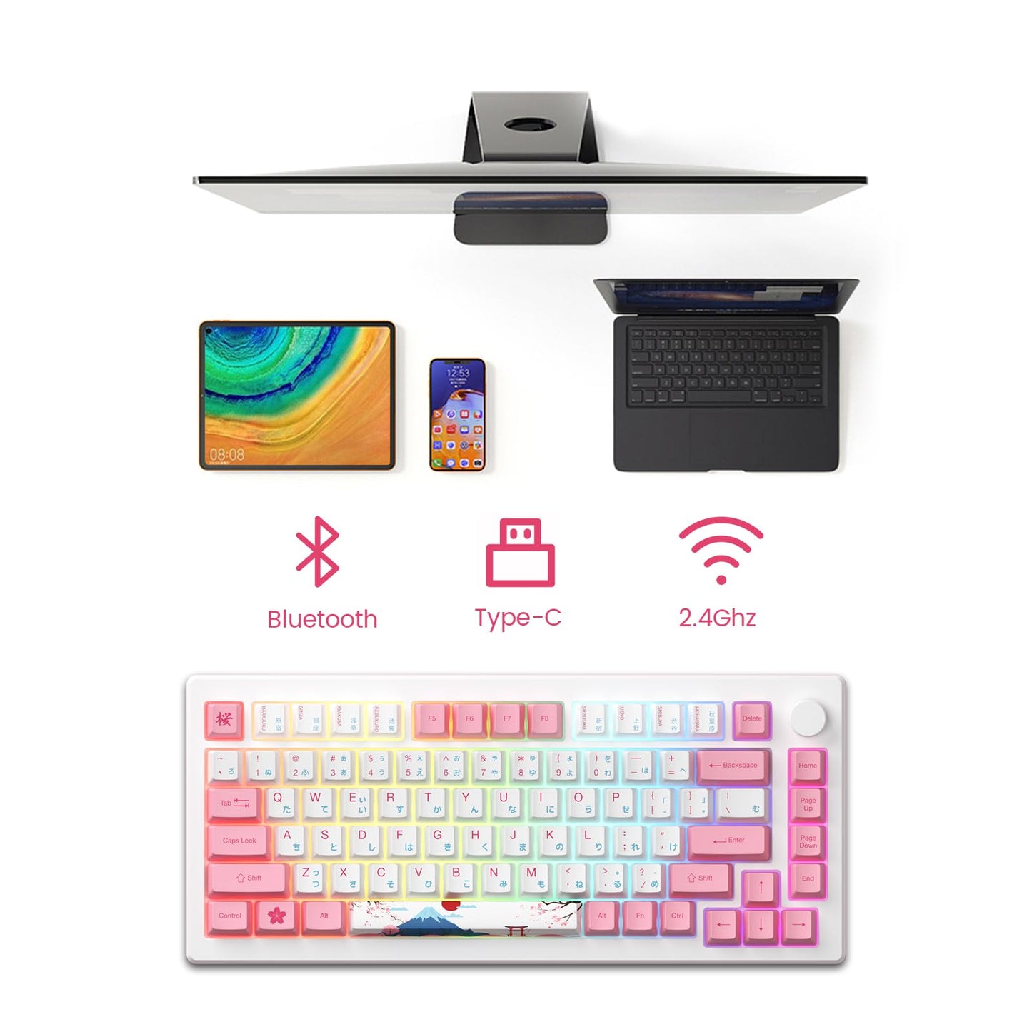 Akko Magnetic Switches Rapid Trigger Gaming Keyboard, MOD007B HE PC World Tour Tokyo Wired/Wireless 75% 8k Polling Rate Mechanical Keyboard with Knob, RGB Backlit (Kailh Sakura Pink Magnetic Switch)