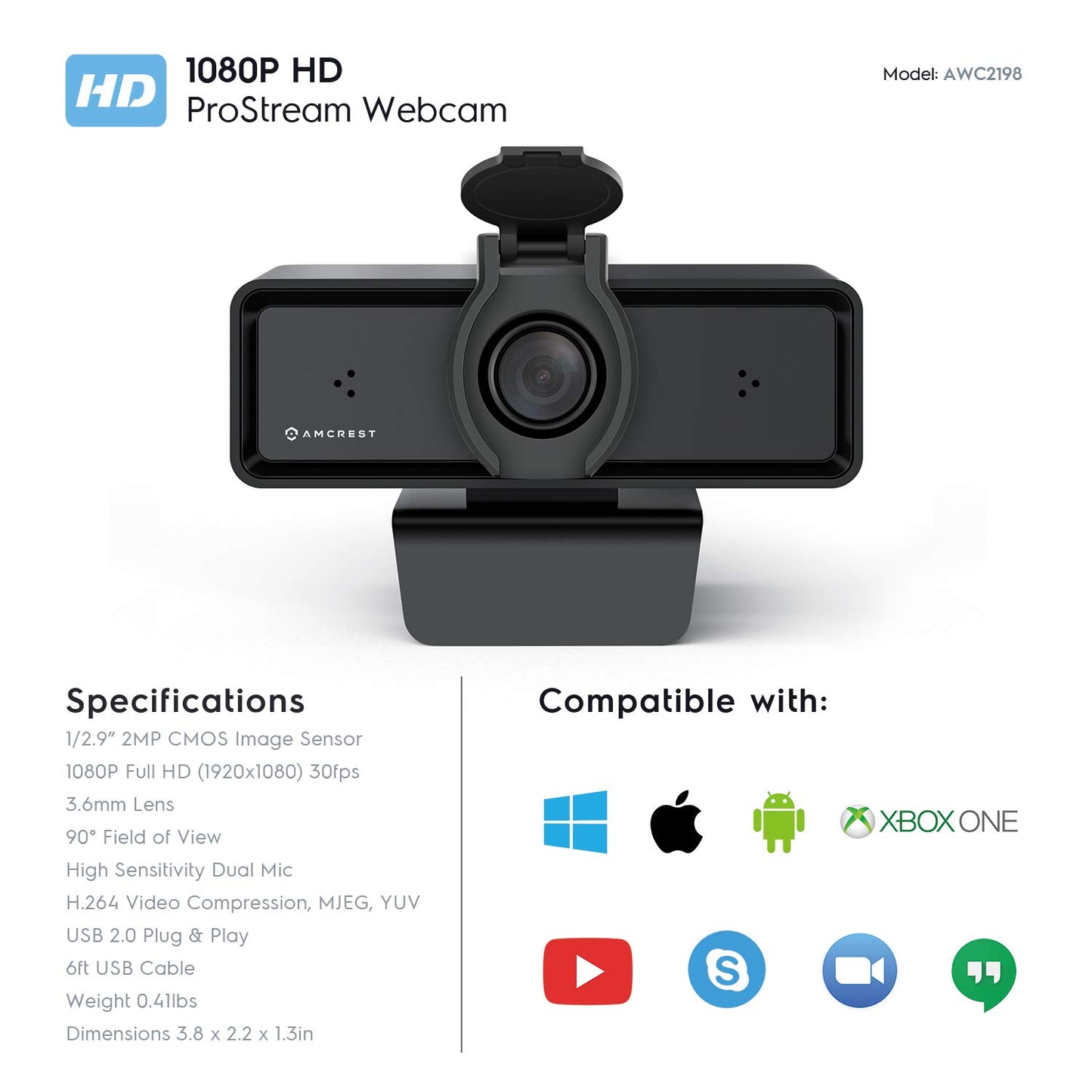 Amcrest 1080P Webcam with Microphone & Privacy Cover, 2 Noise-Cancelling Mics, USB Webcams for Desktop/Laptop PC Computer, Web Cam for Calls, Conference, Zoom, Skype, Online Classes, Meetings AWC2198