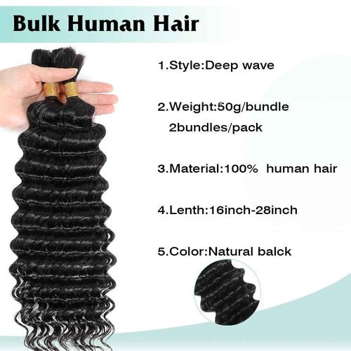 Human Braiding Hair for Boho Braids 28 Inch Deep Wave Bulk Human Hair for Braiding No Weft Brazilian Virgin Curly Human Hair Extension Wet and Wavy Micro Human hair Braiding Hair 2 Bundles/Pack 100g
