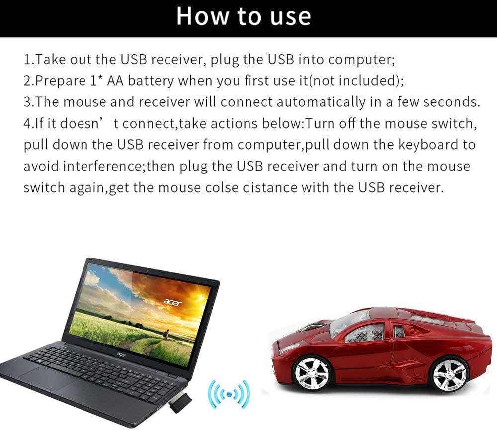 2.4Ghz Wireless Car Shape Mouse 3D Optical Gaming Mice USB Mini Receiver for PC Laptop Computer