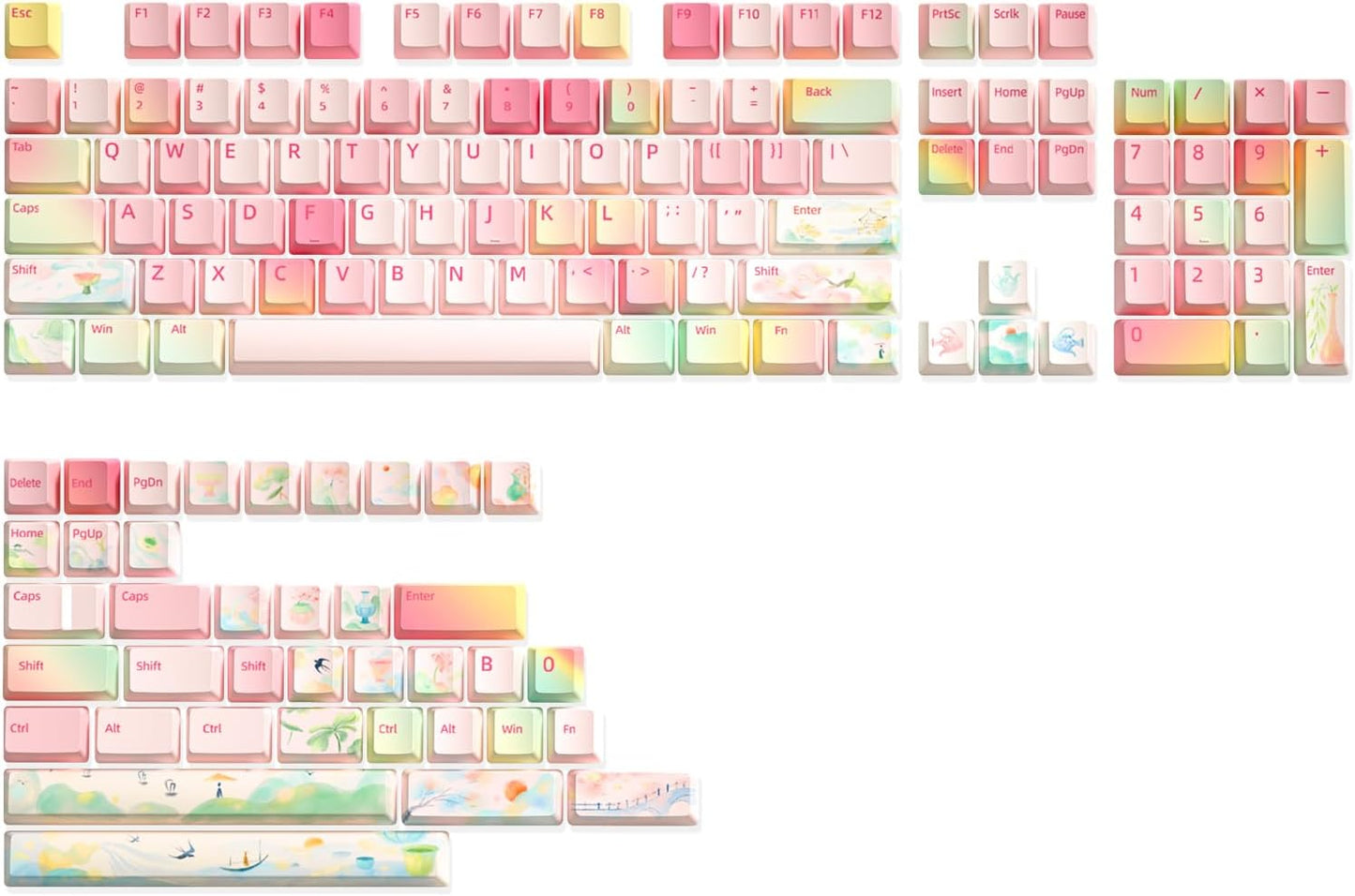 YUNZII Spring Tea Dye Sub PBT Keycaps,145 Full Keys Dye Sublimation PBT Custom Keycap Set with Key Puller for Cherry Gateron MX Switches Mechanical Gaming Keyboard (Cherry Profile, Spring Tea)