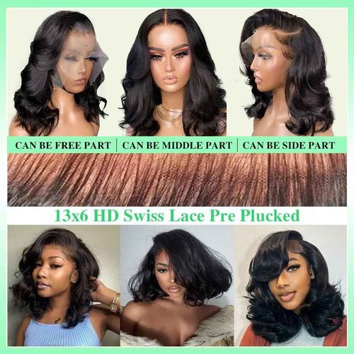 Aolisox 16 Inch Bob Wig Human Hair 13x6 Body Wave Lace Front Wigs Human Hair Pre Plucked 200 Density HD Lace Frontal Wigs for Women Glueless Wigs Natural Black