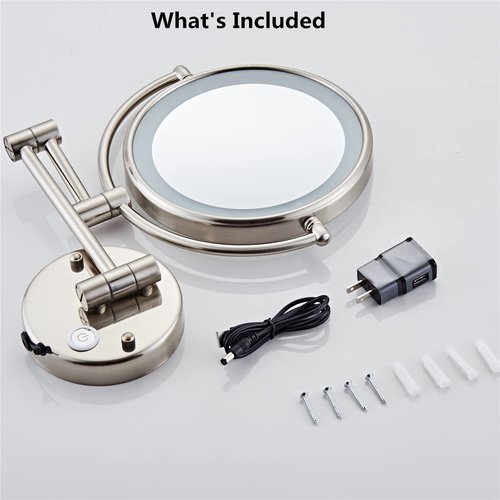 HIHIA Wall Mounted Makeup Mirror with 10X Magnification, 8 Inch Double Sided Vanity Magnifying Vanity Mirror with Led Lights for Girls, USB Rechargeable, Touch Control ON/Off (Nickel)