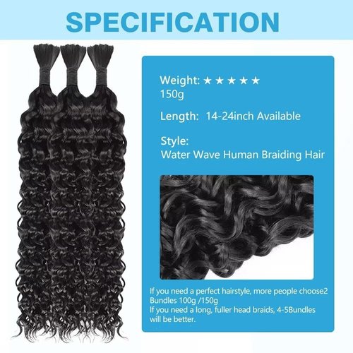 Human Braiding Hair Water Wave Bulk Human Hair 150g 24 Inch Natural Color Curly Human Hair for Boho Braids Hair Extensions No Weft 3 Braids Per Pack Wet and Wavy Human Hair Braiding Hair