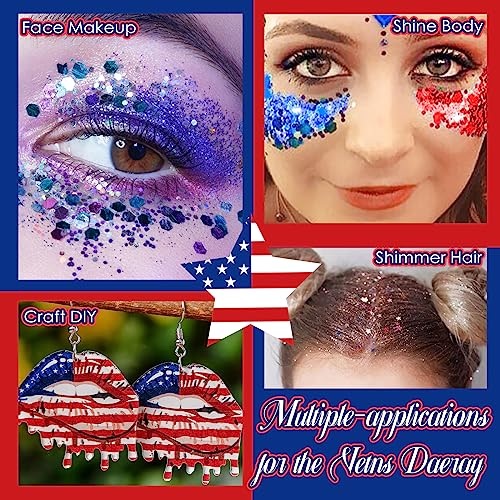 Allstarry Nail Glitter 4Pcs Holographic America's Patriotic Nail Art Glitter Sparkly Red Blue Chunky Flakes Veterans Day Body Sequin 4th of July Decoration for Olympics Party Manicure Independence Day