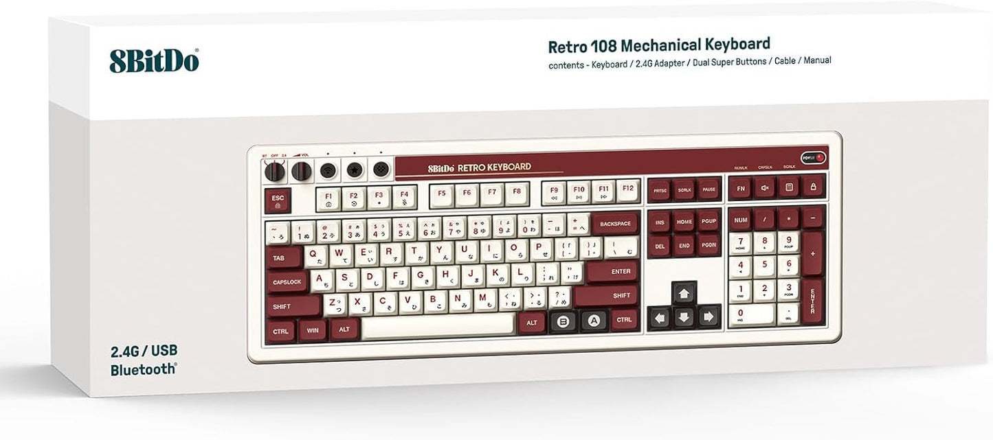 8BitDo Retro 108 Mechanical Keyboard with 108 Keys and Integrated Numpad, Bluetooth/2.4G/USB-C Hot Swappable Wireless Gaming Keyboard for Windows and Android - Fami Edition