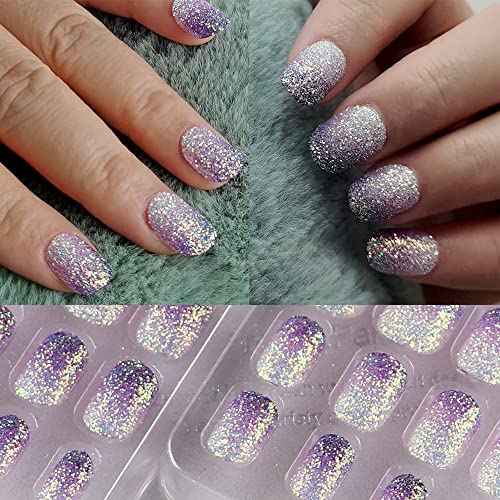 24 Pcs Gradient Purple Kids Press on Nails Pre-glue Children False Nails Short Oval Full Cover Artificial Fake Nails Holo Glitter Acrylic Nail Tips for Little Girls Gift