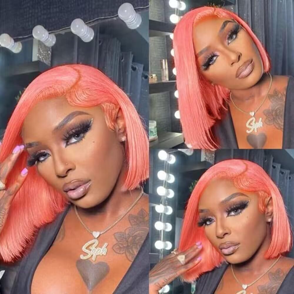 13X4 Straight HD Transparent Pink Bob Lace Front Wigs Human Hair Blunt Cut Bob Wig for Black Women Wear and Go Glueless Pink Bob Wig Human Hair Pre Cut Bob Lace Frontal Wig With Baby Hair 16 Inch