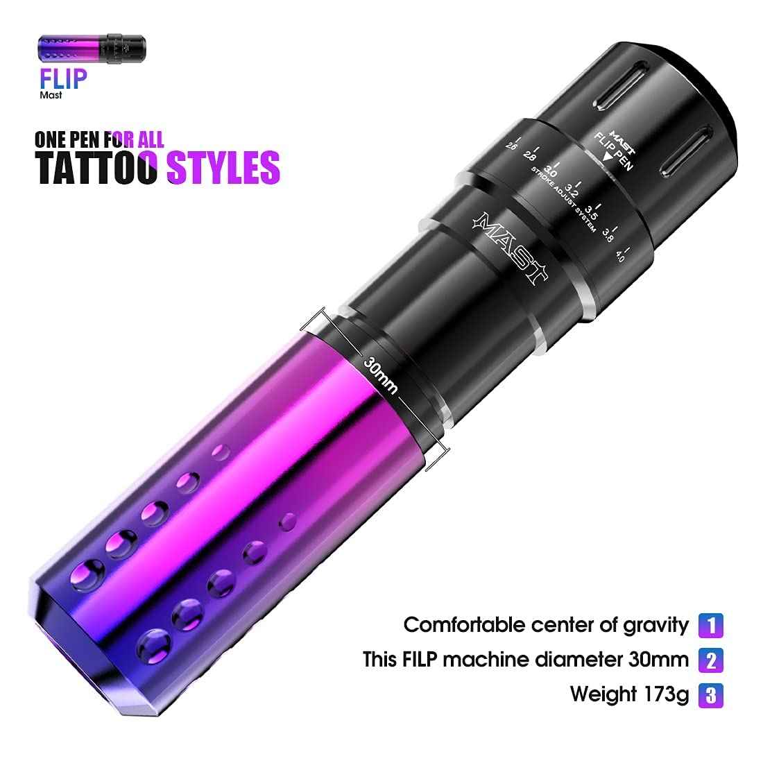 Mast Flip Complete Tattoo Kit -Wireless Cartridges Tattoo Machine with 7 Adjustable Strokes 2.6-4.0mm 2 Batteries Power Supply 20 Pro Needles Ideal for Lining Shading Coloring Professional Starter Set