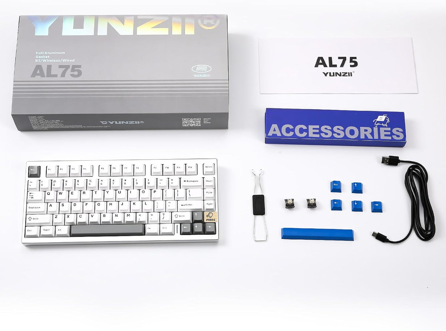 YUNZII AL75 Wireless Mechanical Gaming Keyboard,Full Aluminum CNC,75% Layout,BT/2.4G/Wired,Hot Swap,Creamy Switches,TKL Gasket,RGB Backlight,Programmable for Mac/Win (Silver, Blue Grey Switch)