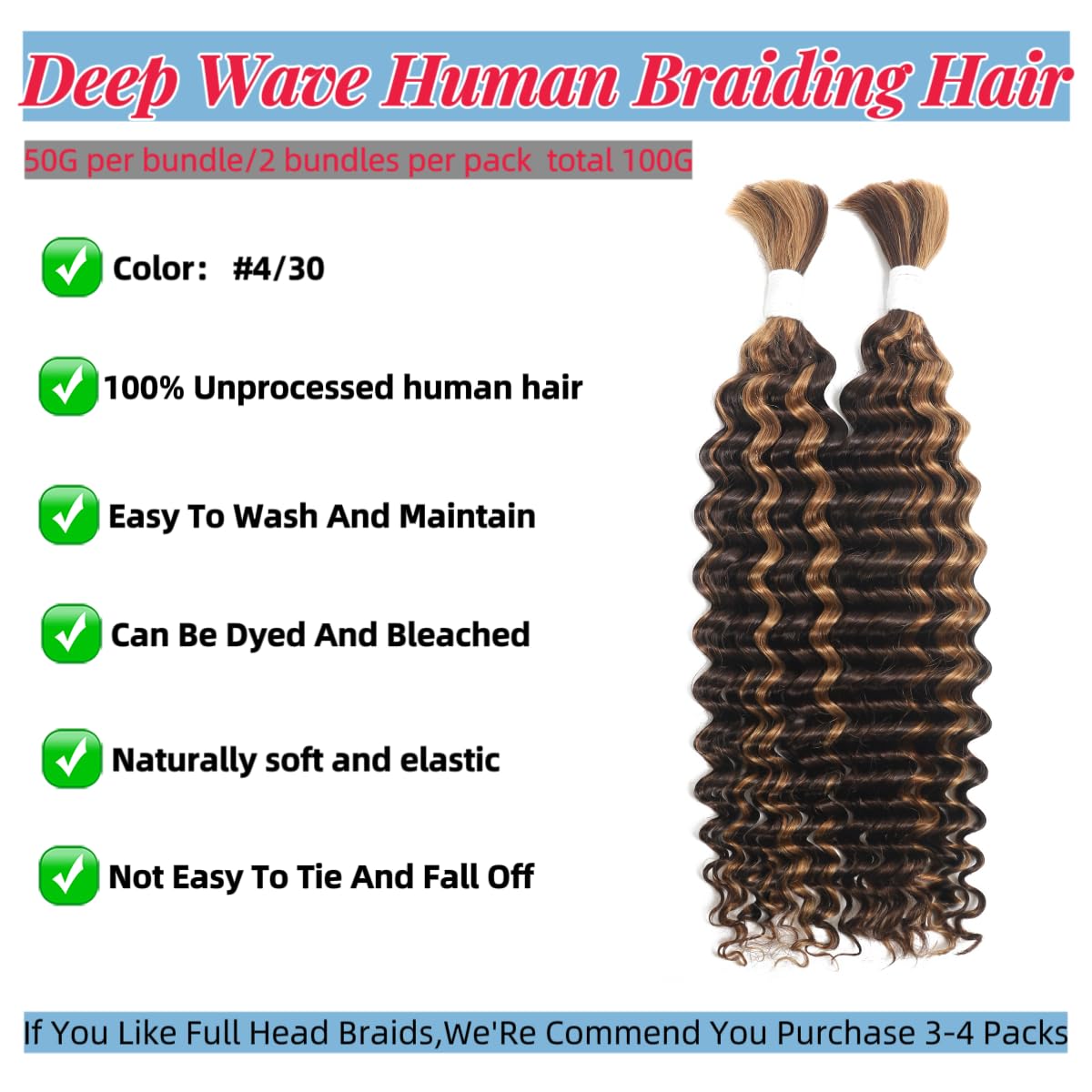4/30 Human Braiding Hair Deep Wave Bulk Human Hair for Braiding Bohemian Knotless 2 Bundles 100g 26inch No Weft 10A Brazilian Virgin Human Hair Extensions Curly Bulk Human Hair for Boho Braids