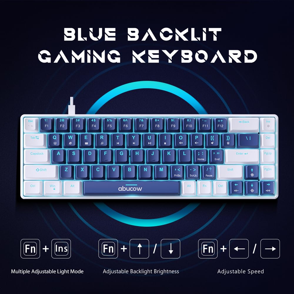 abucow 60% Mechanical Keyboard with Blue Backlight 68-Key Gaming Keyboard Dark Blue-White Keycaps - Red Switches for a Premium Typing and Gaming Experience PC Mac (Dark Blue-White)
