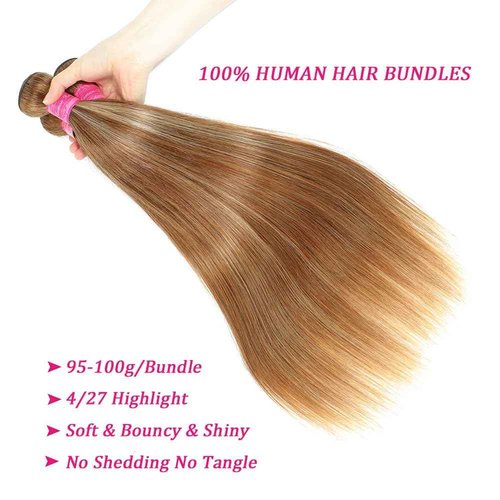 Beautymoon Highlight Ombre Straight Human Hair Bundles 100% Unprocessed Brazilian Honey Blonde Straight Hair 16 18 20 Inch 3 Bundles Deals Human Hair Double Weft 4/27 Colored