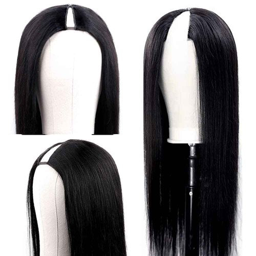 Amznlady V Part Wigs Straight Brazilian Virgin Human Hair Wigs for Black Women Upgrade U Part Wigs Glueless Full Head Clip In Half Wig V Shape Wig No Leave Out 180% Density Natural Color 18"