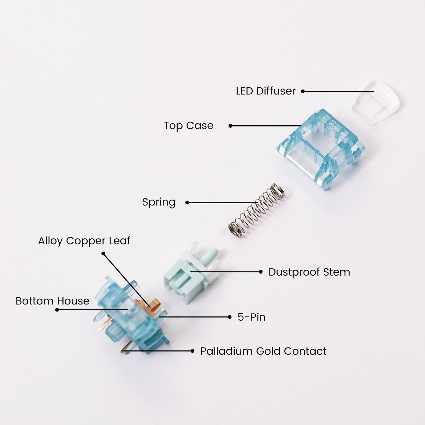 Akko Creamy Cyan Clicky Switch With LED Diffuser for Backlit Mechanical Keyboard - 5-Pin 50gf Pre-Lubed With Standard MX Structure for Gaming (45pcs)