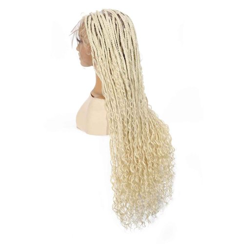 ROSEBONY 36" Boho Knotless Braided Wig for Black Women Double Full Lace Box Braid Wig with Baby Hair Bohemian Curly Ends Golden Yellow Blonde Color (613 blonde)