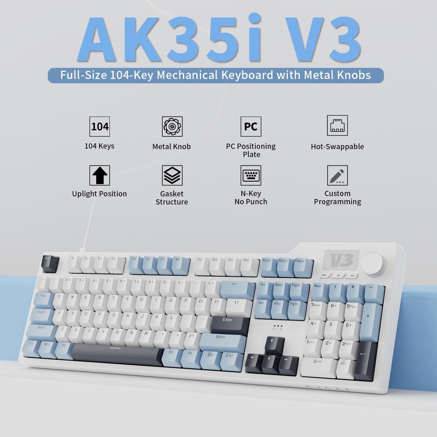 AJAZZ AK35I V3 104-Key Full Size Wired Gasket Mount Gaming Keyboard with Multimedia Buttons & Knob Control | Five Layer Pad | OEM Profile PBT Keycaps | White Backlit Custom Keyboard