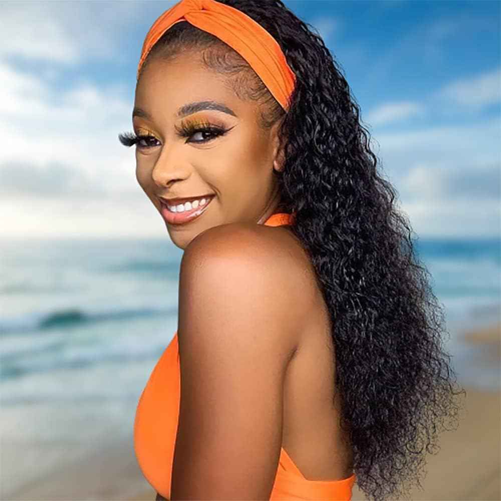 JCL Curly Headband Wig Human Hair Headband Wig 180% Density 12A Glueless Wigs Human Hair 16 Inch Headband Wigs Curly Wave headband Wig Natural Color Human Hair Wigs for Black Women Human Hair
