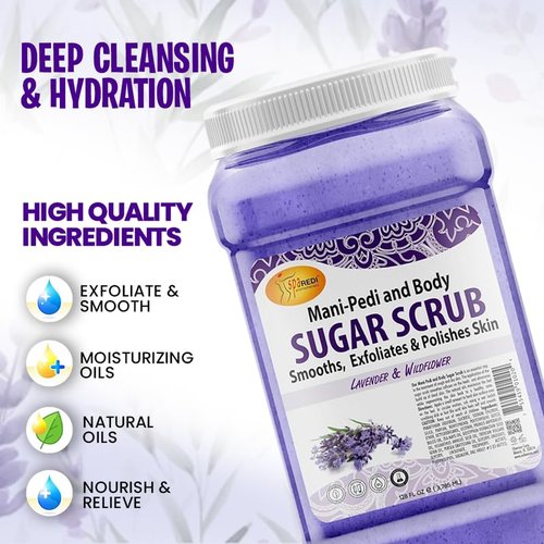 SPA REDI – Sugar Body Scrub, Lavender and Wildflower, 128 Oz Exfoliating, Moisturizing, Hydrating and Nourishing, Glow, Polish, Smooth and Fresh Skin - Body Exfoliator