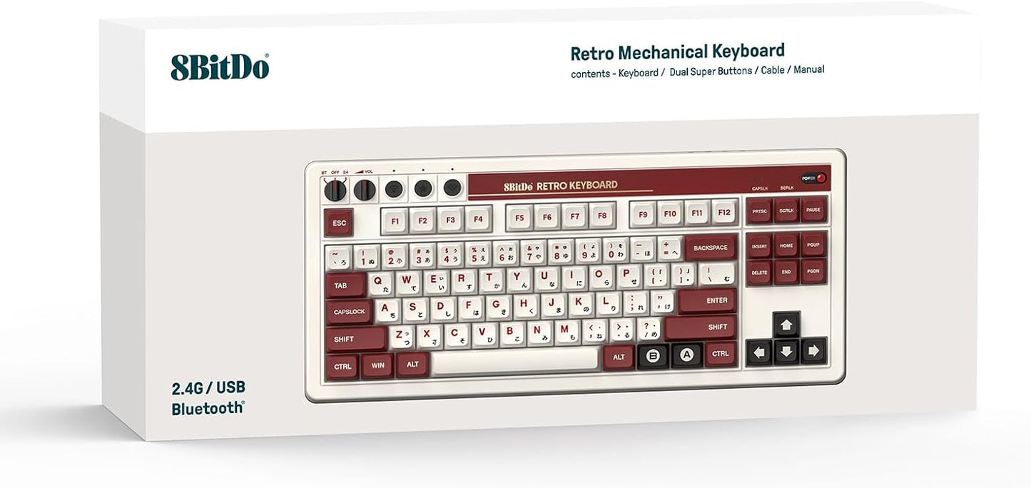 8BitDo Retro Mechanical Keyboard, Bluetooth/2.4G/USB-C Hot Swappable Gaming Keyboard with 87 Keys, Dual Super Programmable Buttons for Windows and Android - Fami Edition